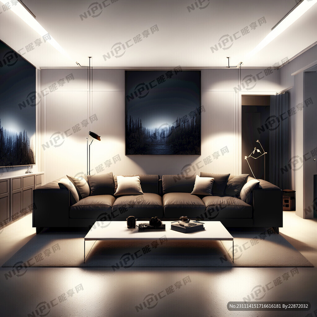 夜晚客厅 干净的墙面 沙发