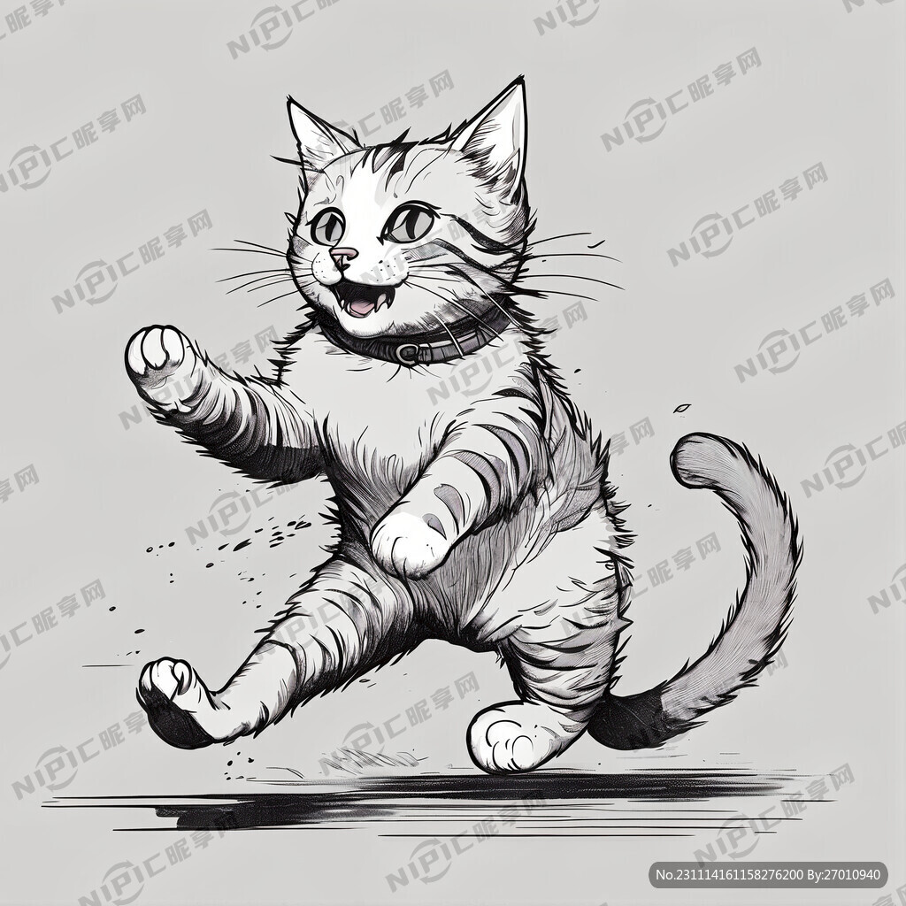 奔跑的猫 插画 线稿 可爱