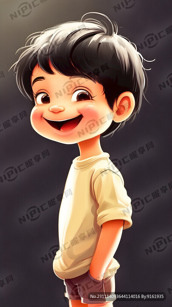 可爱卡通小男孩 黑色头发 快乐
