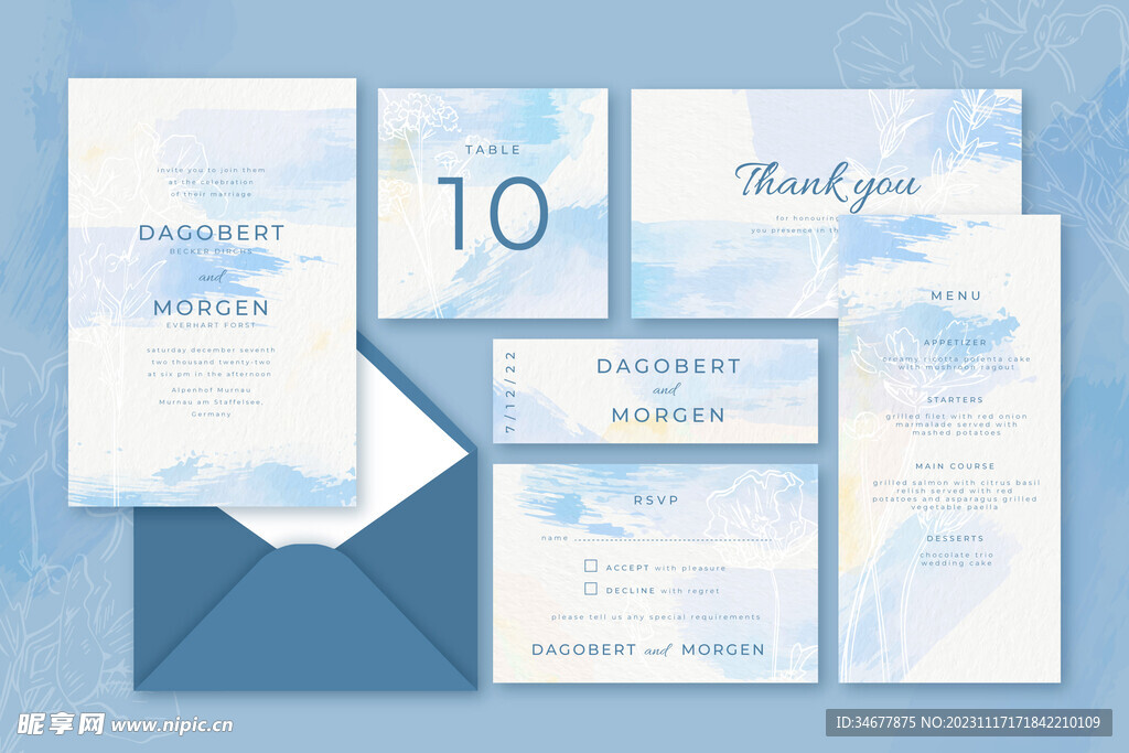 蓝色婚礼 邀请函 蓝色信封 