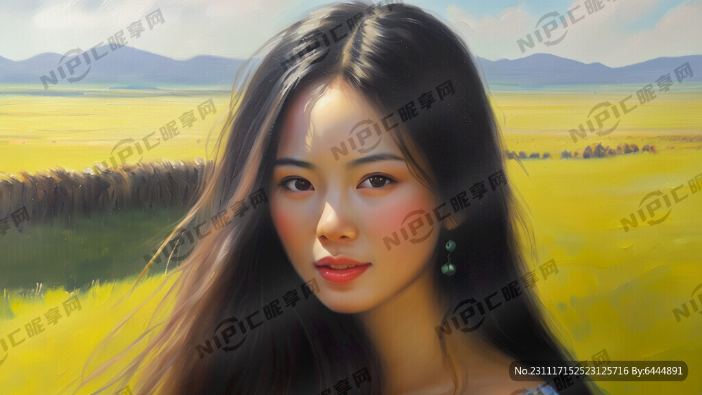 油画 美女 阳光 牧场 长发