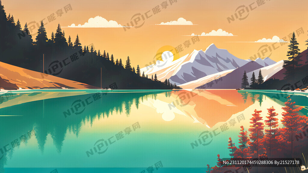 天山天池 松树 夕阳暖色 雪山