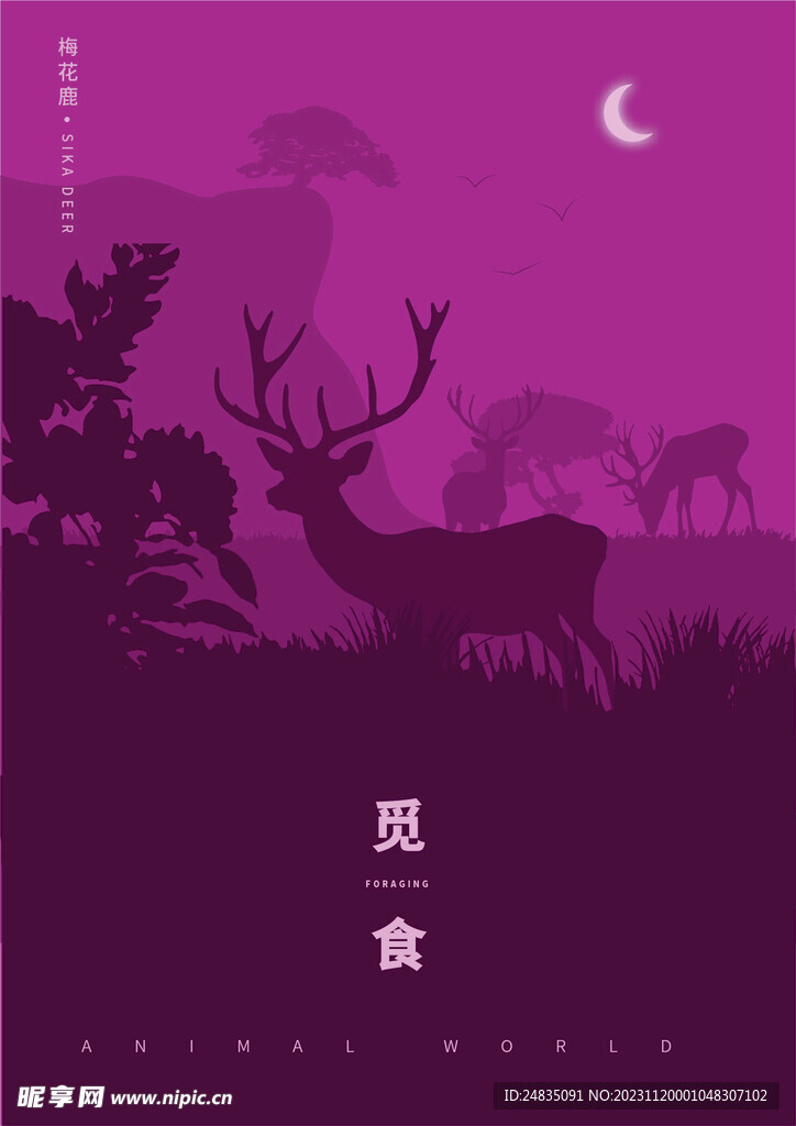 草丛中觅食的梅花鹿插画