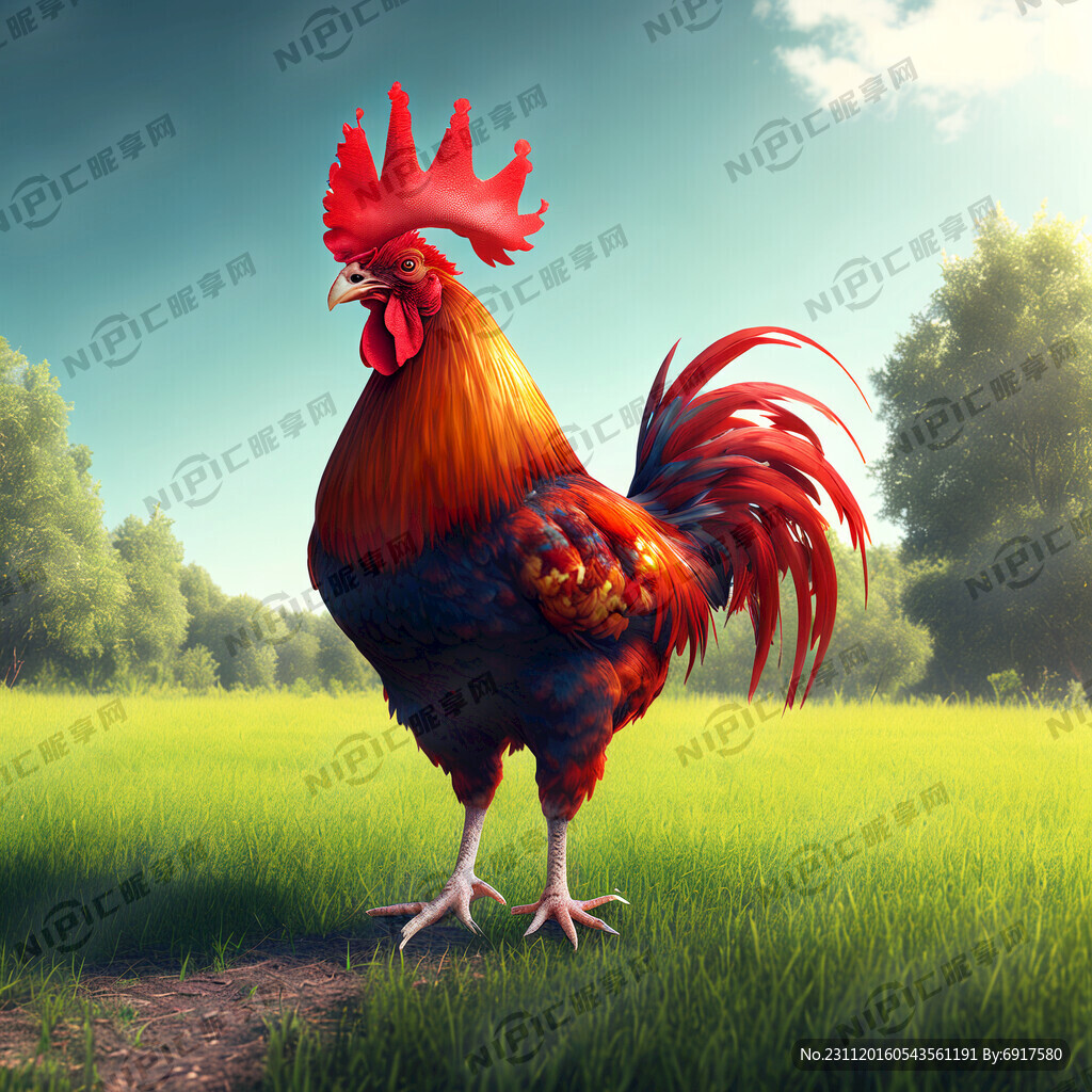 大公鸡 红色鸡冠 绿草地 天然