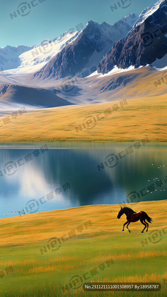 远处的雪山下面有一个湖泊