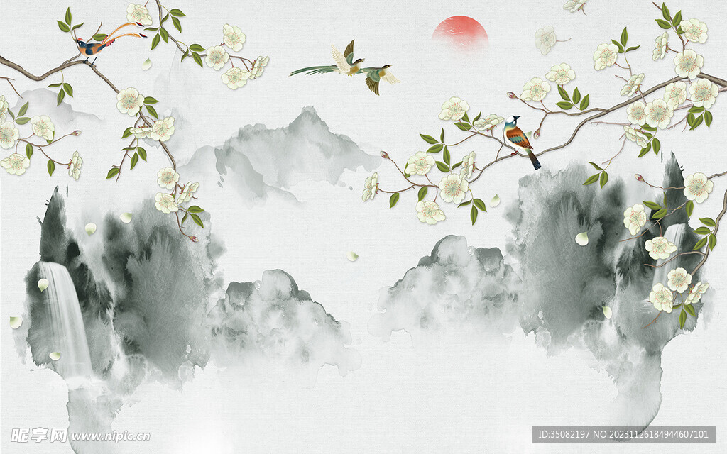 简约茶花山水图电视背景墙