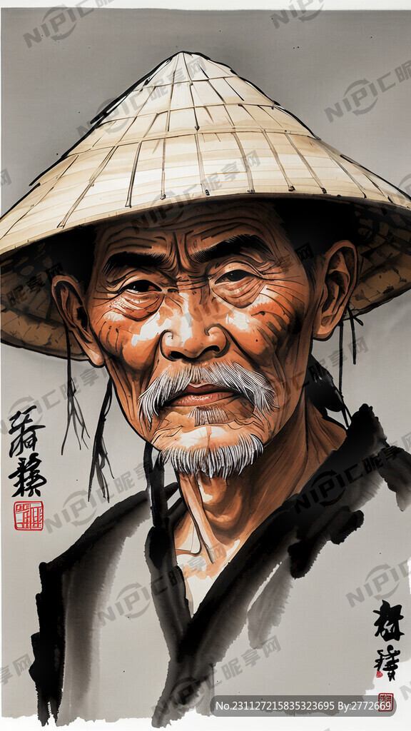 一个中国的老农民 戴着草帽