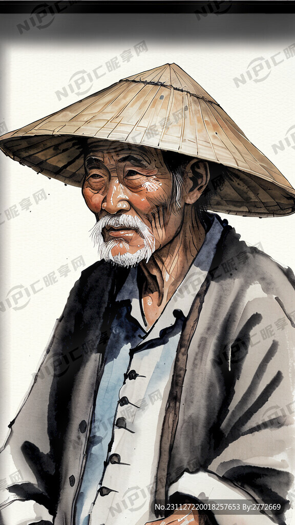 一个中国的老农民 戴着草帽