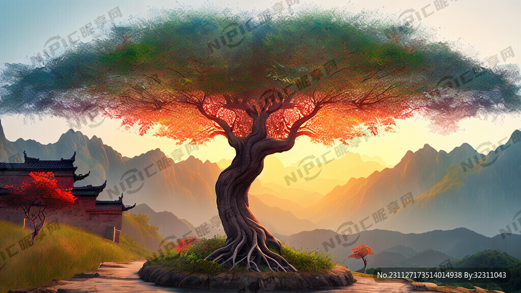 文化墙 两种颜色的生命树 日出