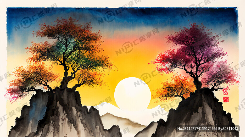 文化墙 两种颜色的生命树 日出