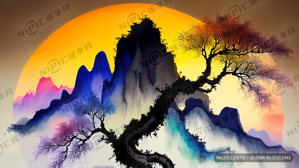 文化墙 两种颜色的生命树 日出