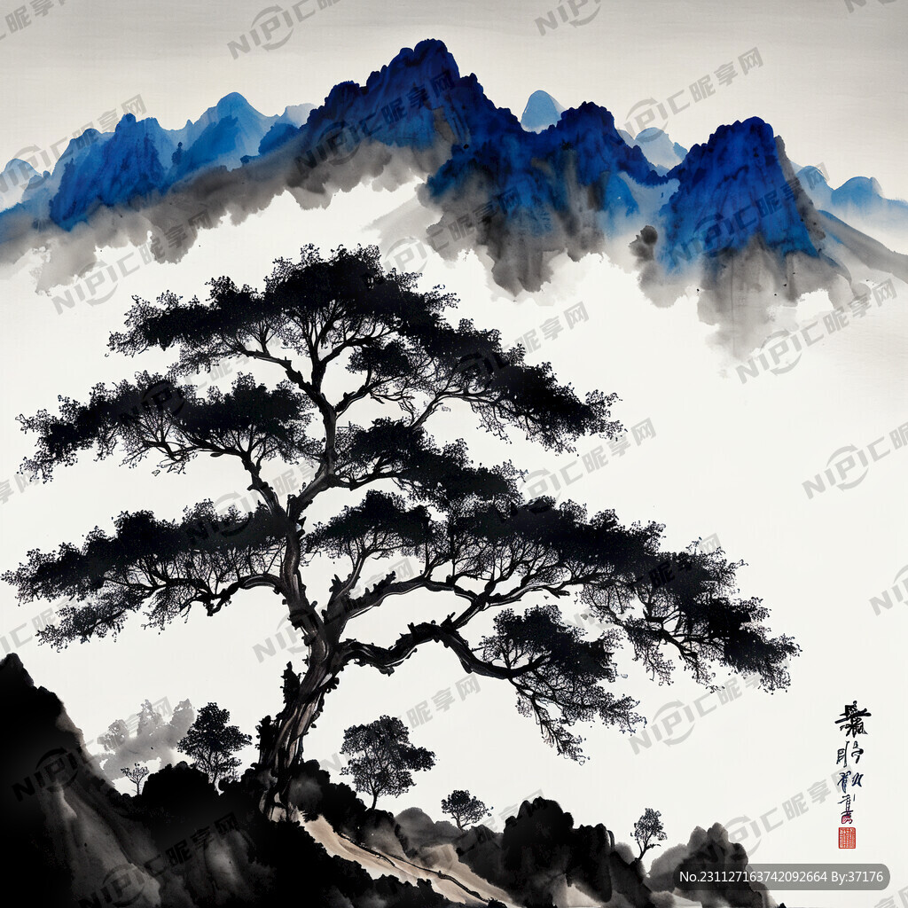 山茶树 水墨画风格 蓝天白云