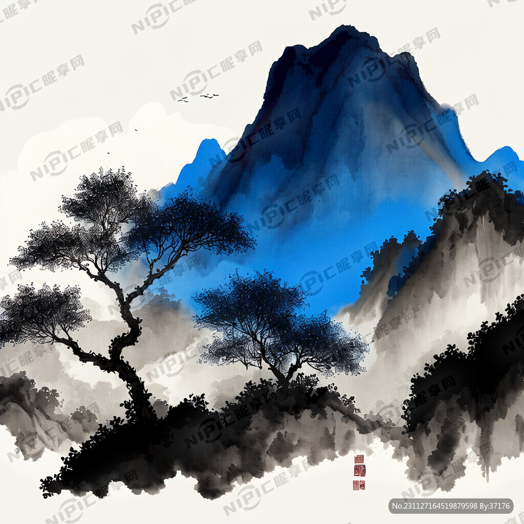 山茶树 水墨画风格 蓝天白云