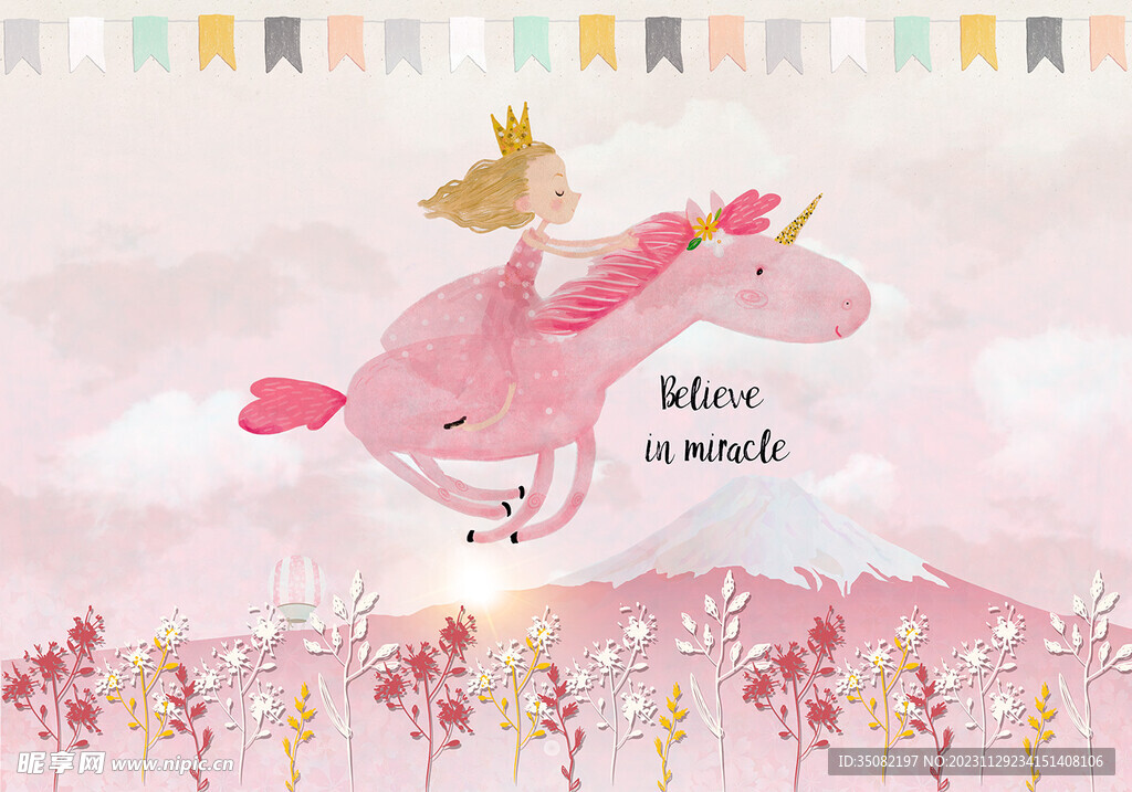 独角兽与小女孩粉色壁纸