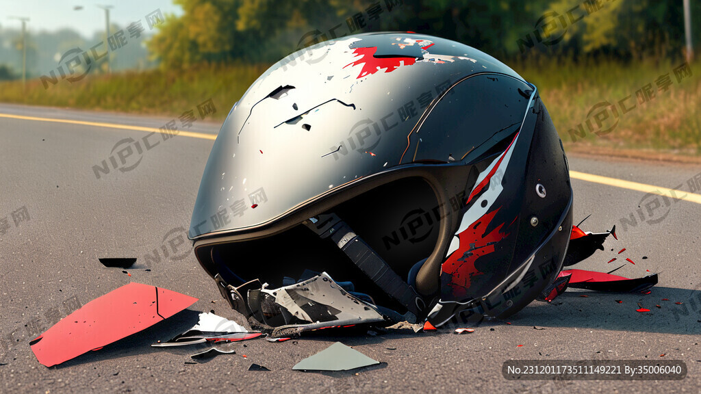 摩托车头盔掉破碎在地上 马路