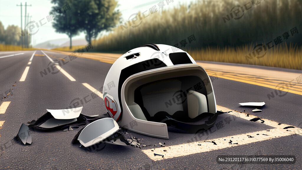 简易头盔破碎掉在地上 马路