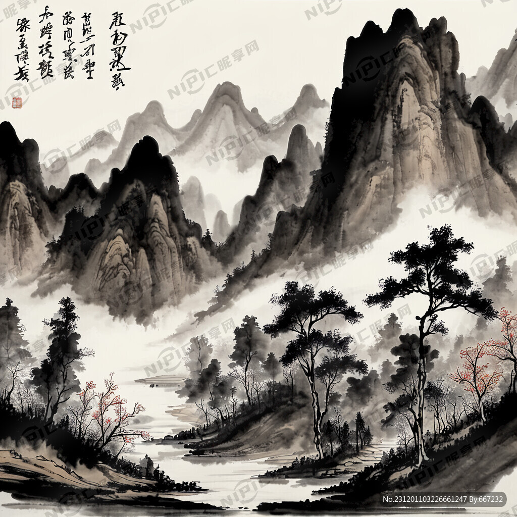 山谷 中国风 中国画 山水