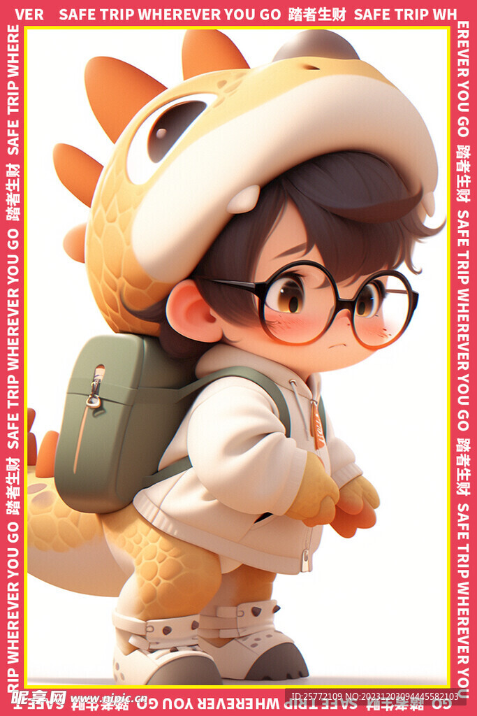 背书包的卡通龙地垫图案