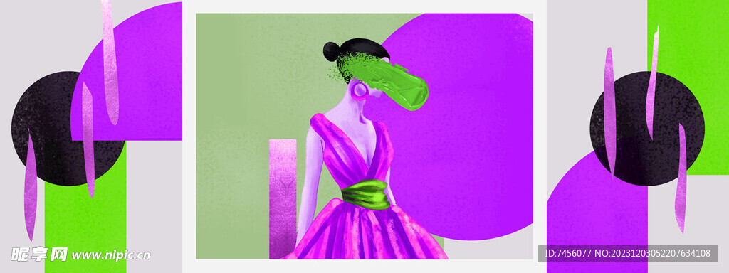 时尚美女粉色三联挂画装饰画