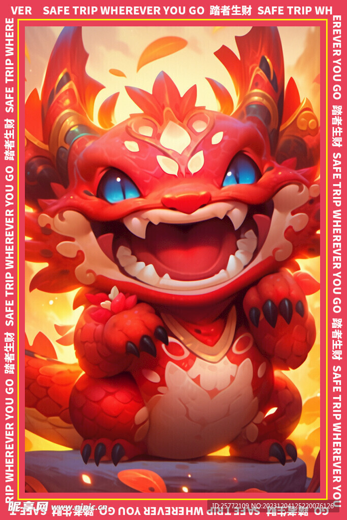 红色简约卡通龙地垫图案