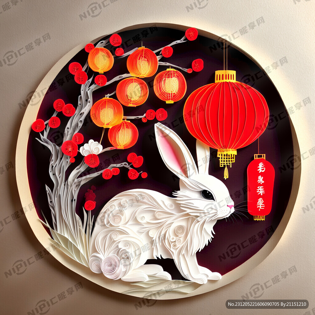 衍纸艺术 春节 可爱兔子 红梅