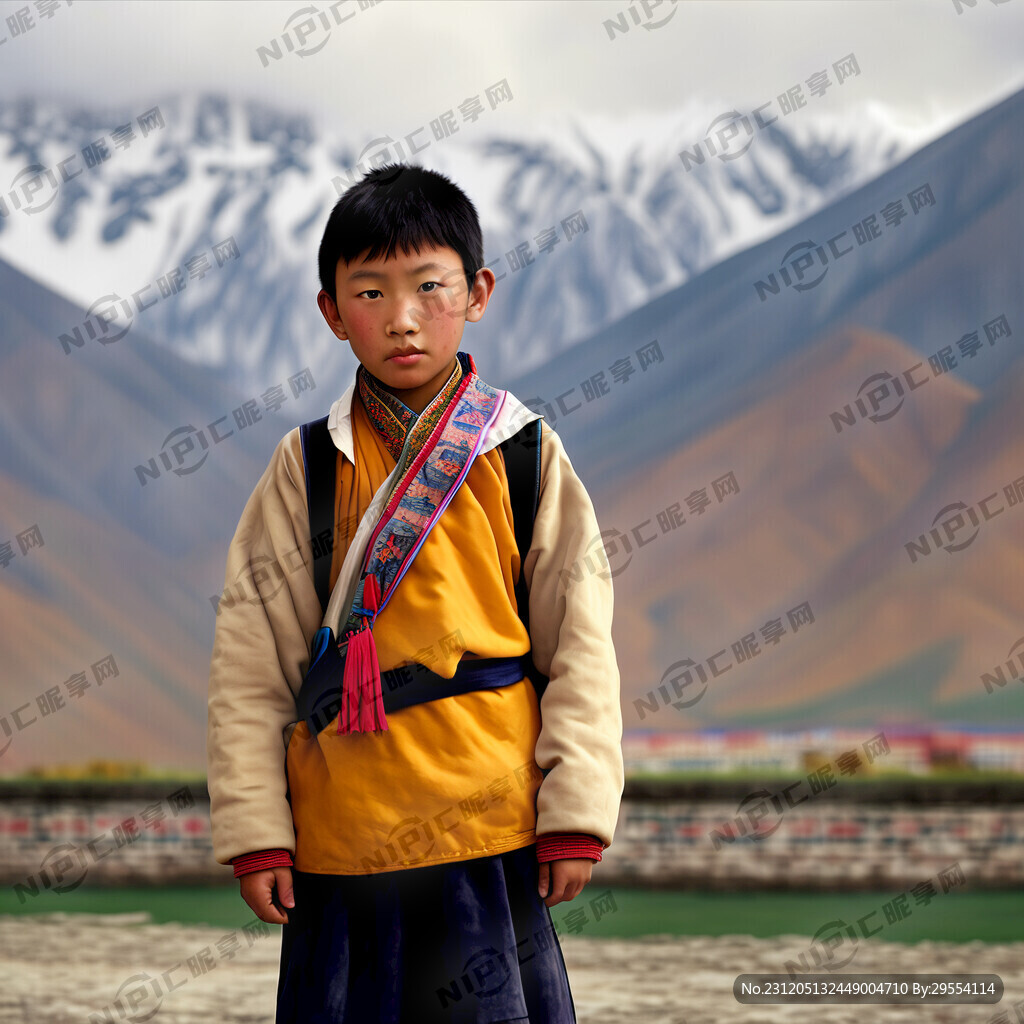 藏族 少年 全身照 书包 藏式