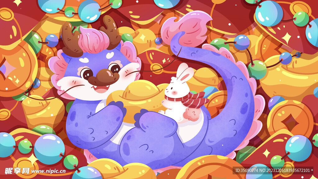 龙年春节海报插画龙来运转