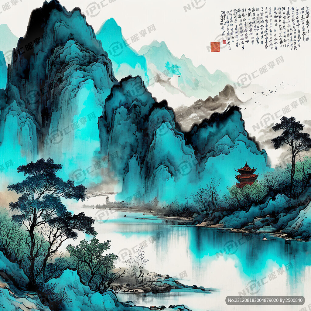 创作一副色彩艳丽的青绿山水画精