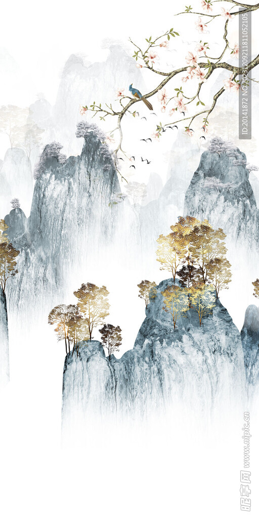 复式楼花鸟画玄关图壁画