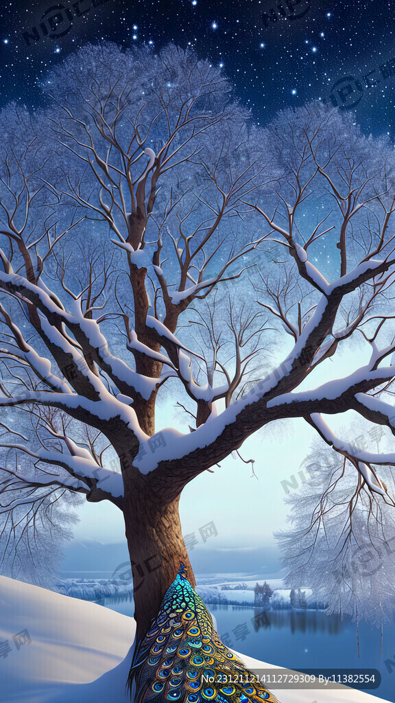 孔雀栖息在梧桐树上