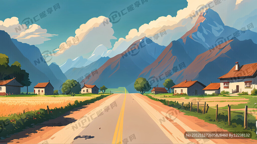 农村 公路 远山 村庄 庙