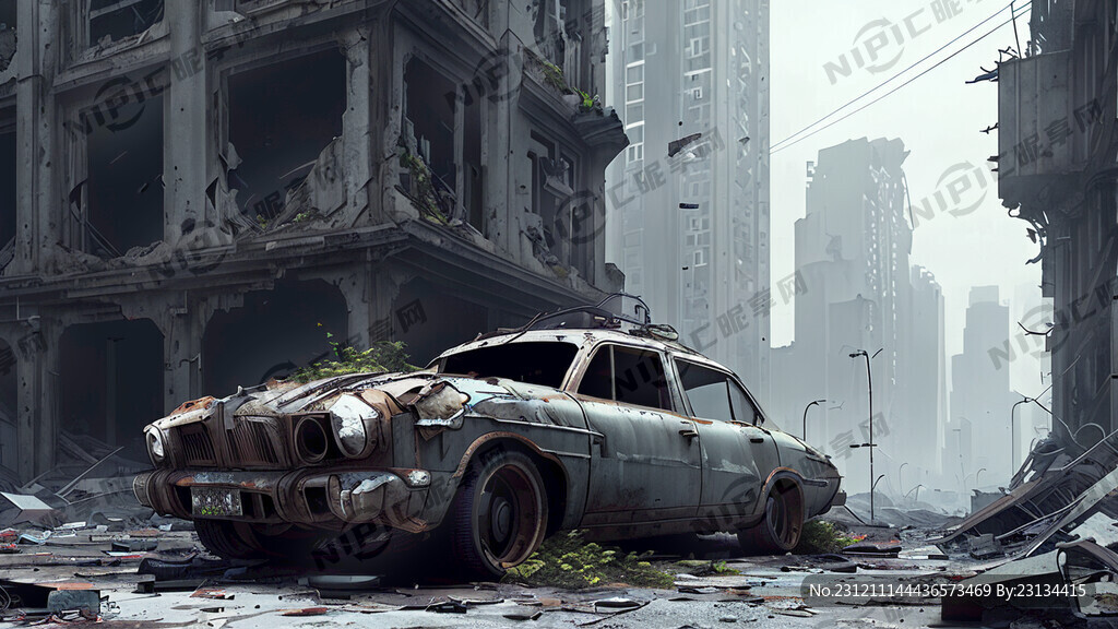 城市废墟 破旧汽车 赛博朋克