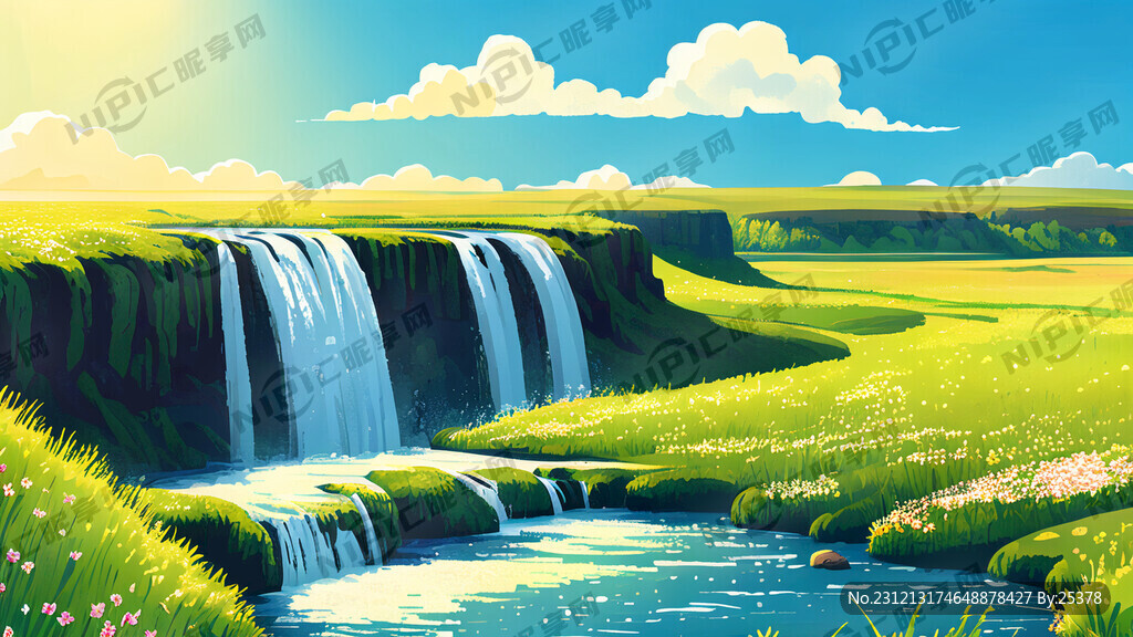 瀑布河流 平原草地 自然风光