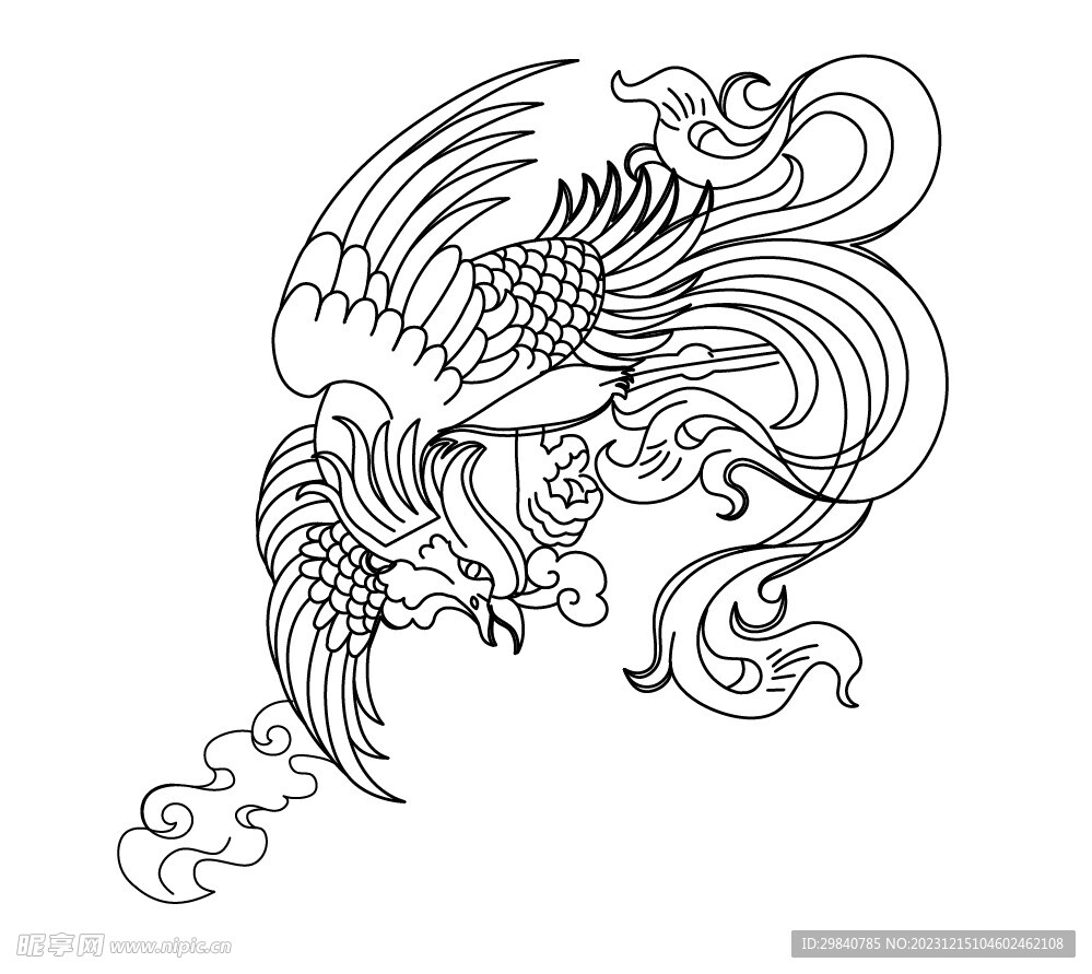 传统手绘线稿凤凰矢量图