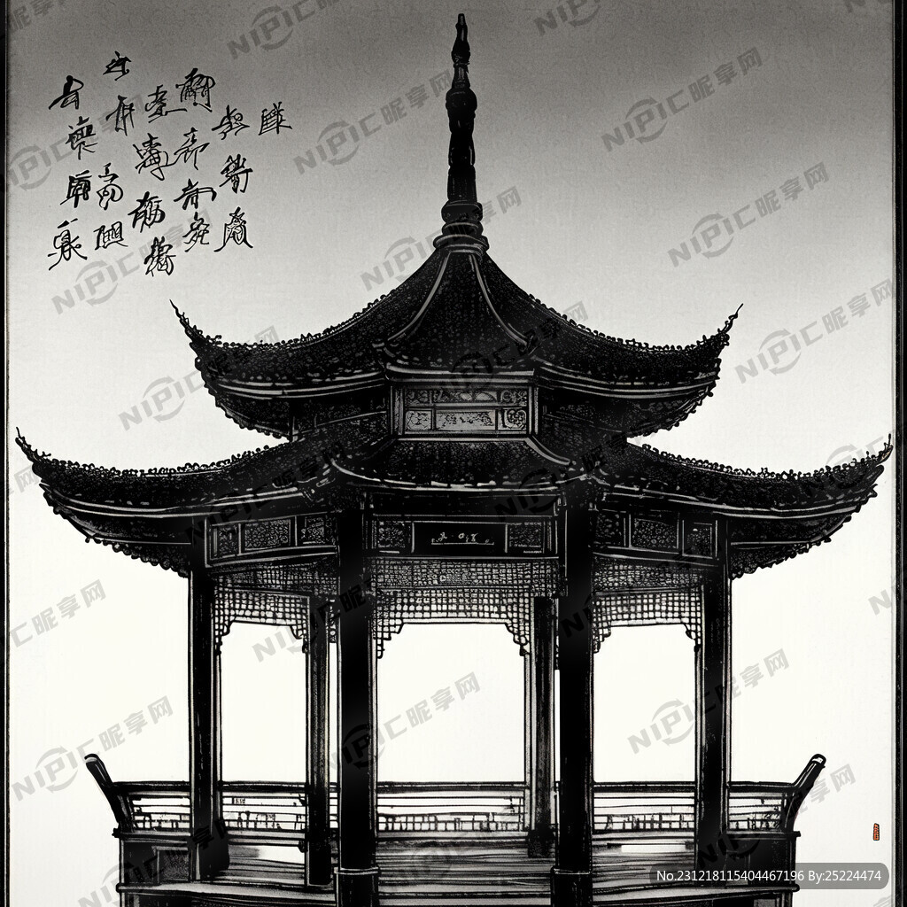 亭台楼阁 山水 白描 线描