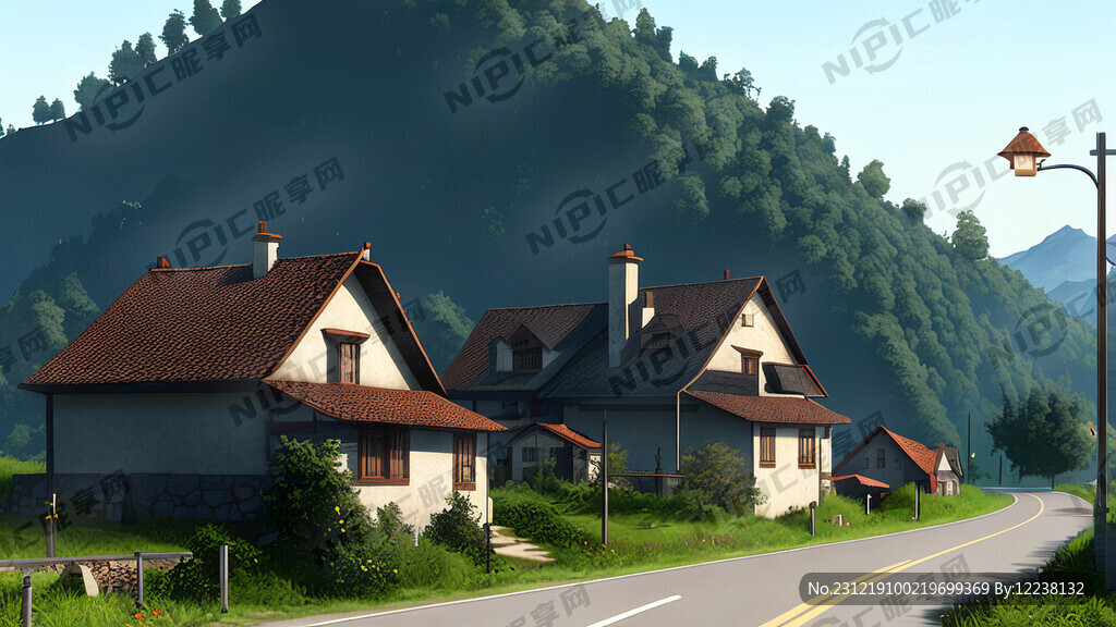 农村公路 两侧有平房 有路灯