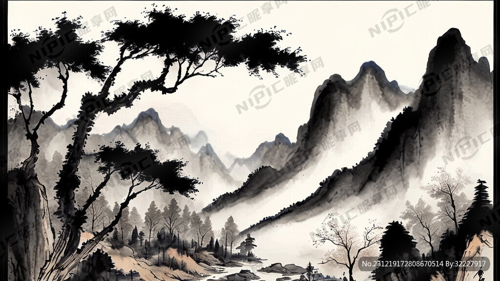 山谷 中国风 中国画 山水