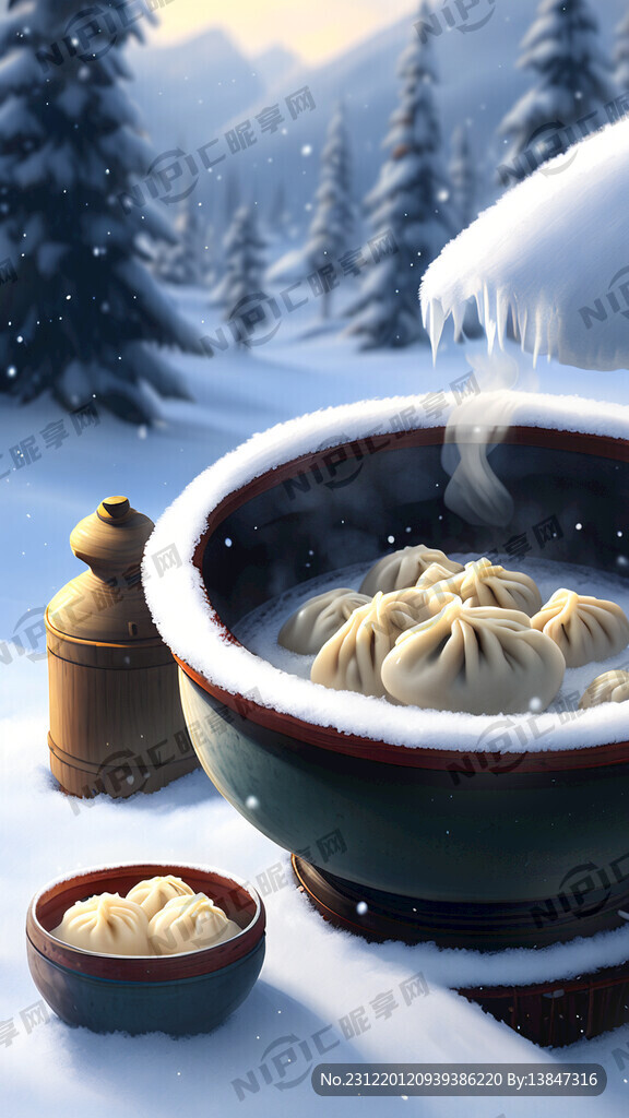 冬天大雪的场景里面一碗热乎乎的