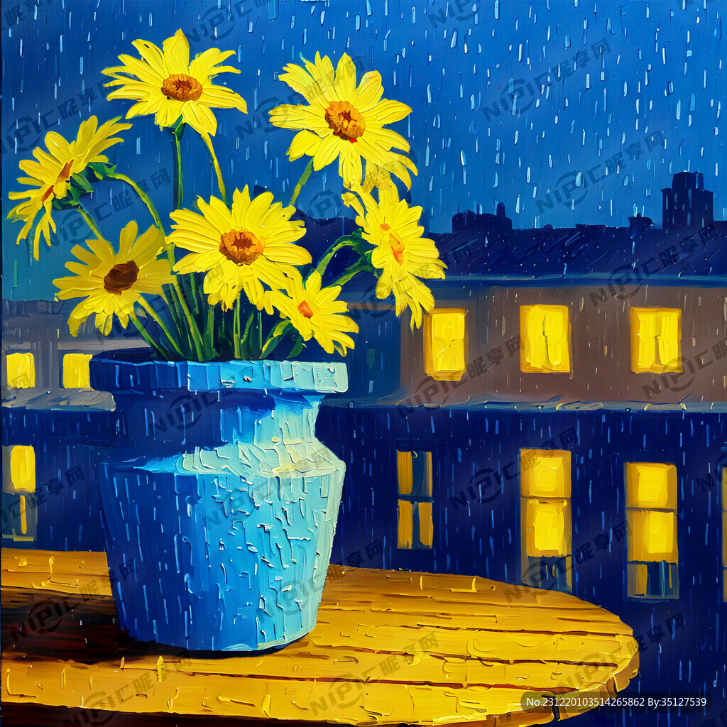 蓝色的雨夜  烛光   油画