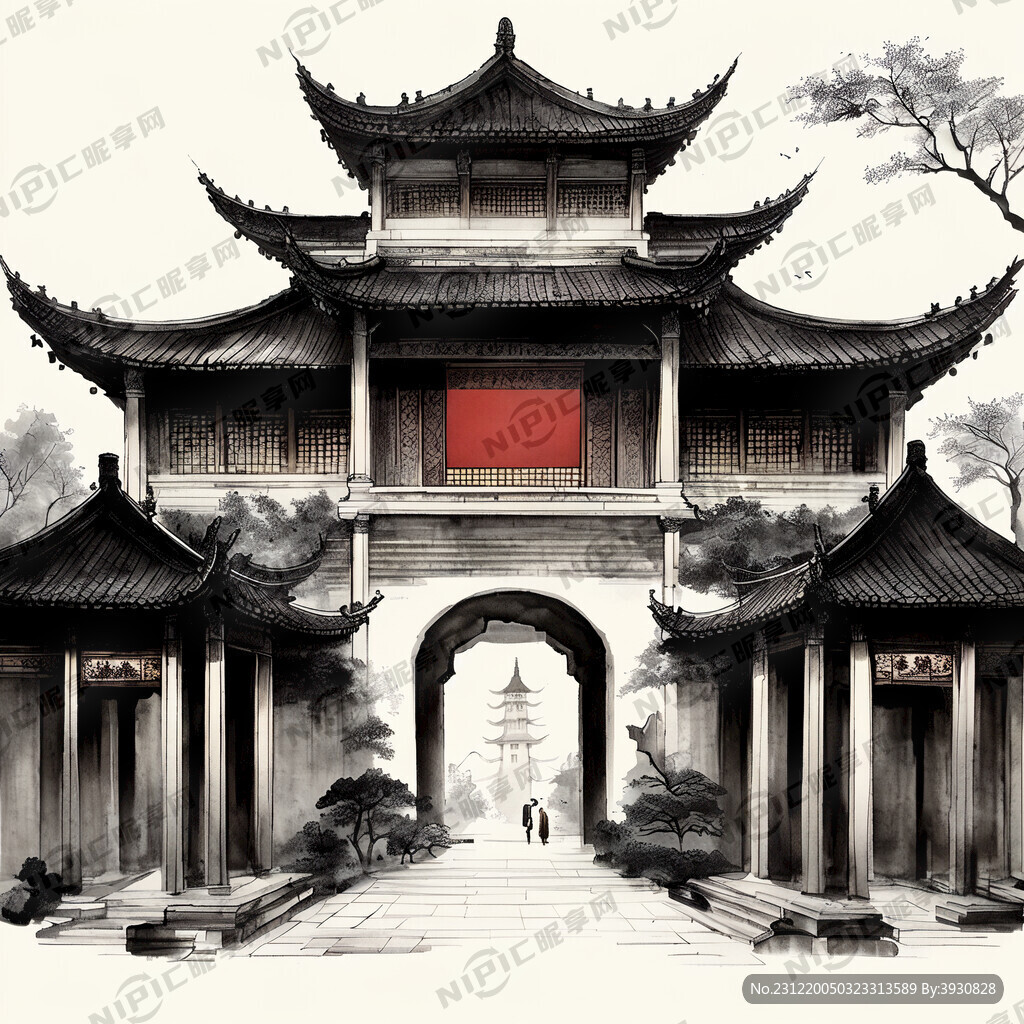 福建 建筑 地标 插画 白描