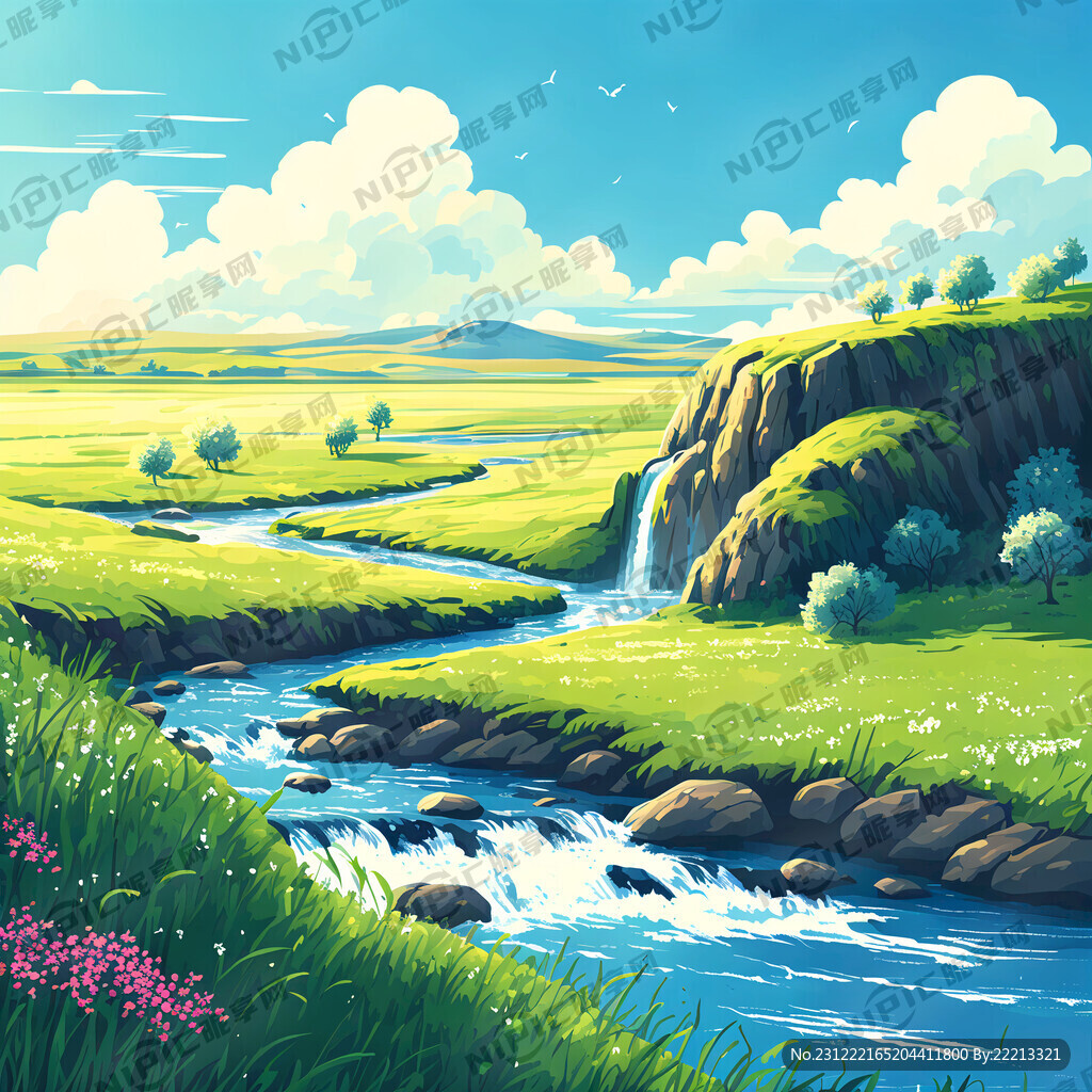 瀑布河流 平原草地 自然风光