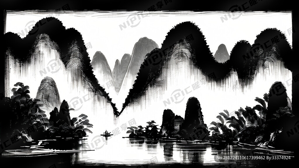 桂林山水 黑白线条画