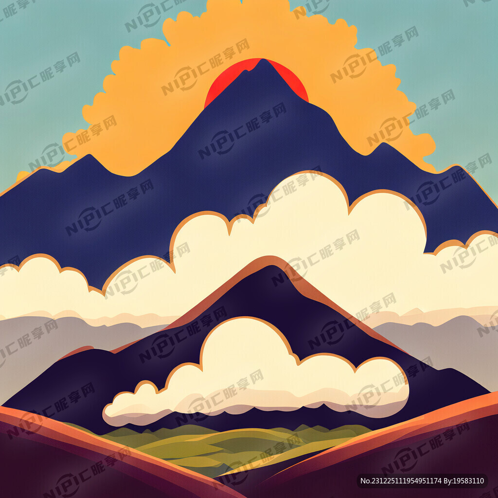 云 山 太阳 卡通 插画