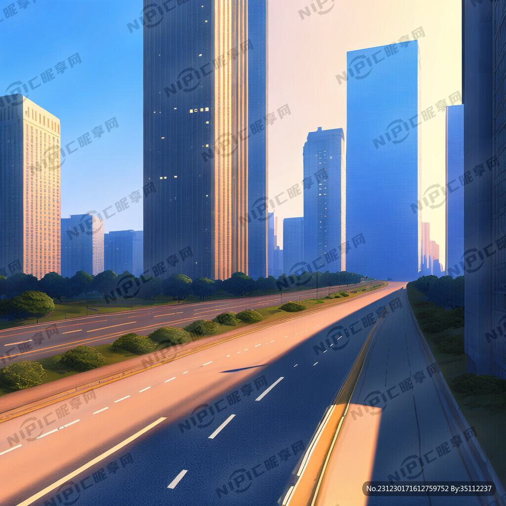 一条道路 两边高楼大厦 黎明