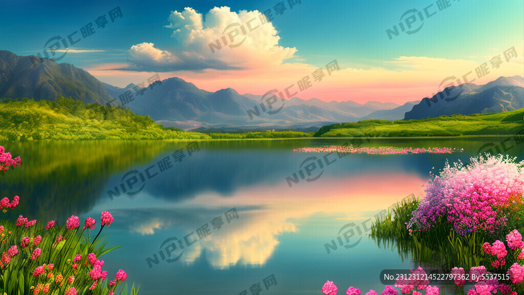 梦幻 明亮 宽阔湖面 霞光  