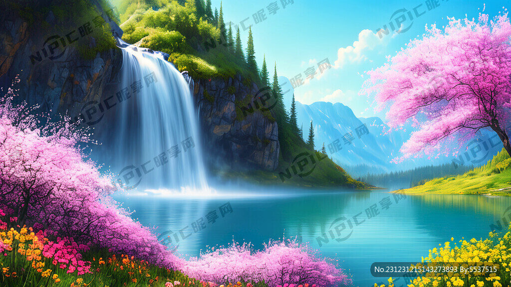 梦幻 明亮 宽阔湖面  瀑布 