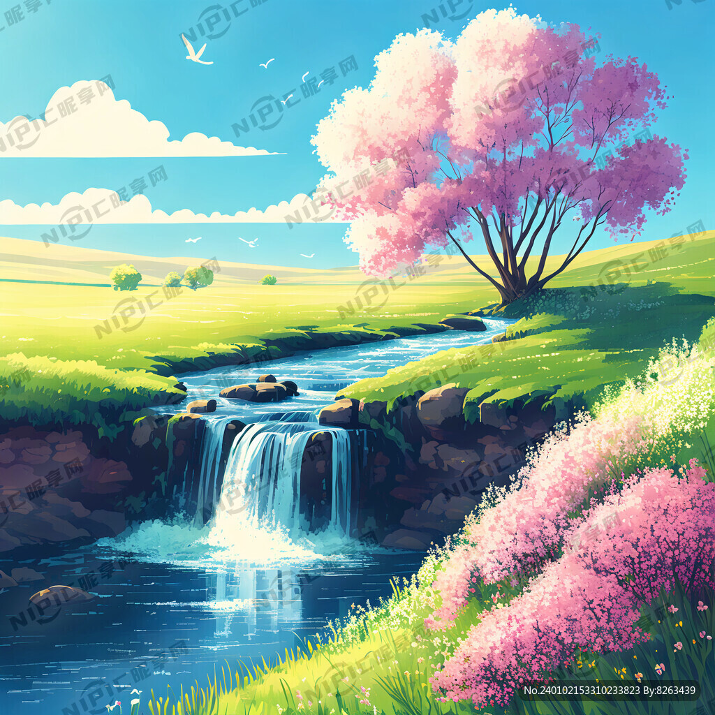 瀑布河流 平原草地 自然风光