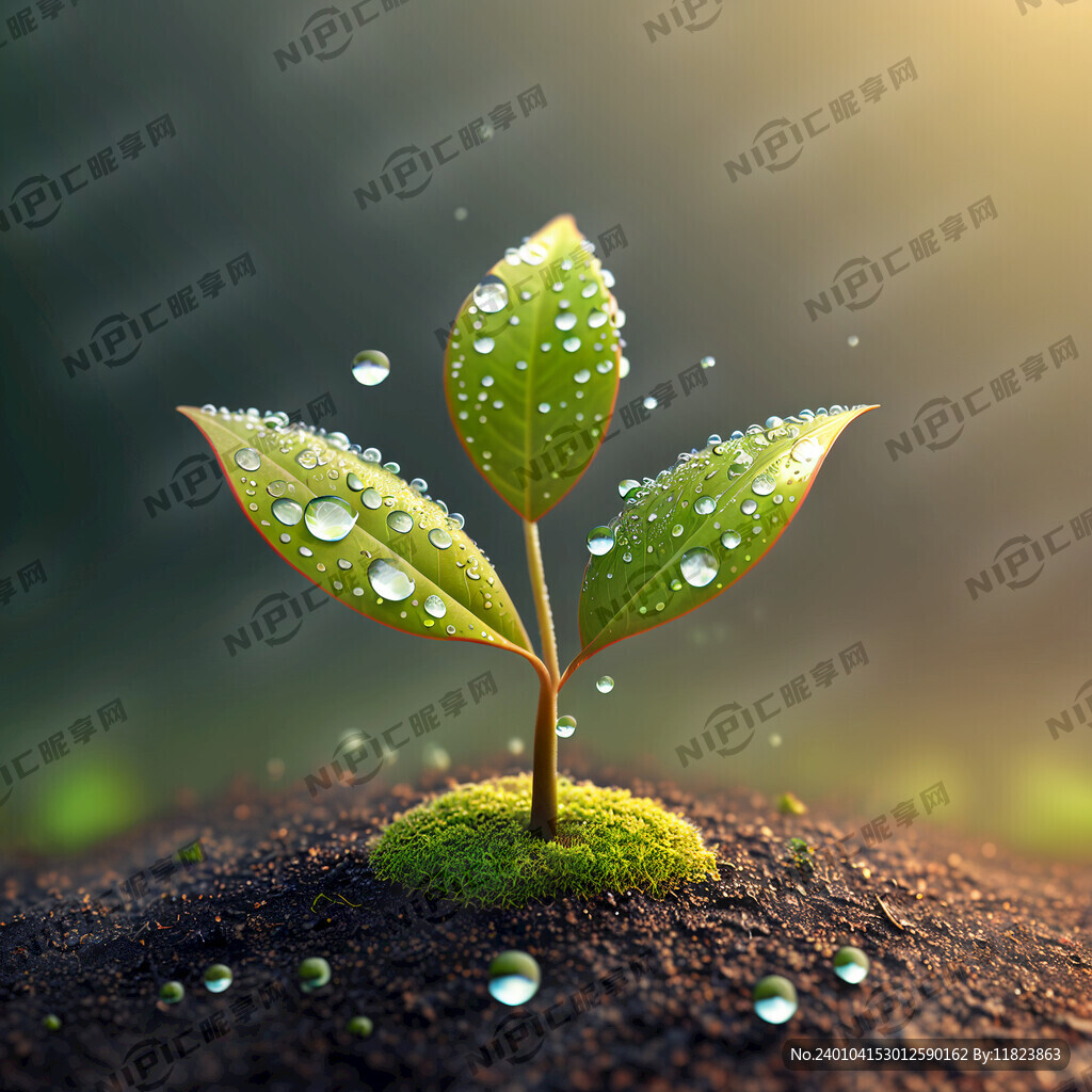 一株破土的小苗 叶子上带着水珠