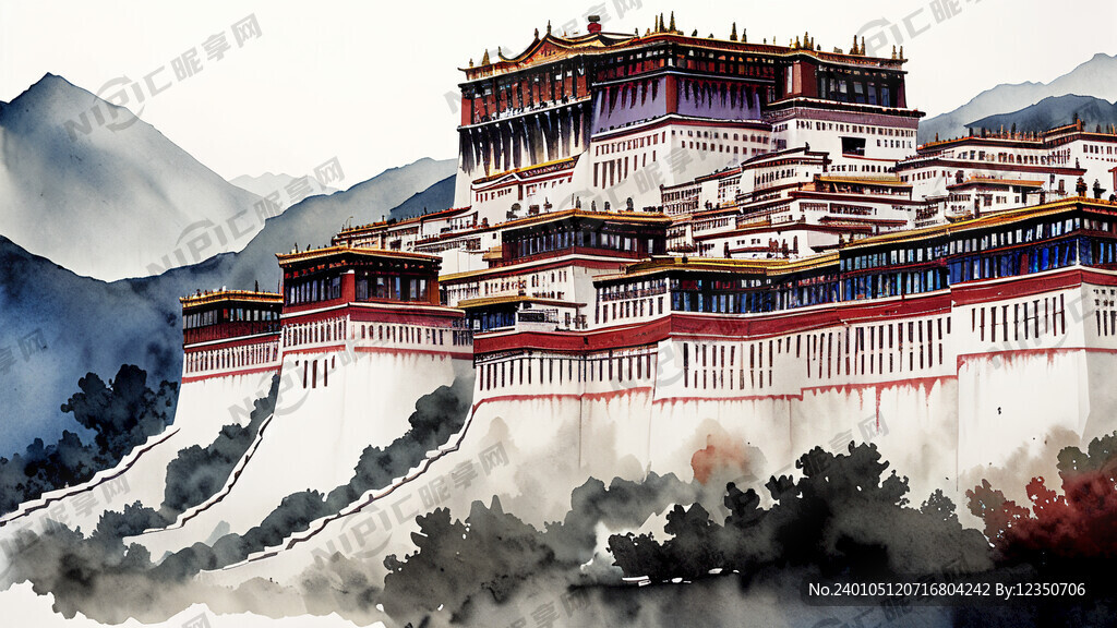 远景正面布达拉宫水彩画