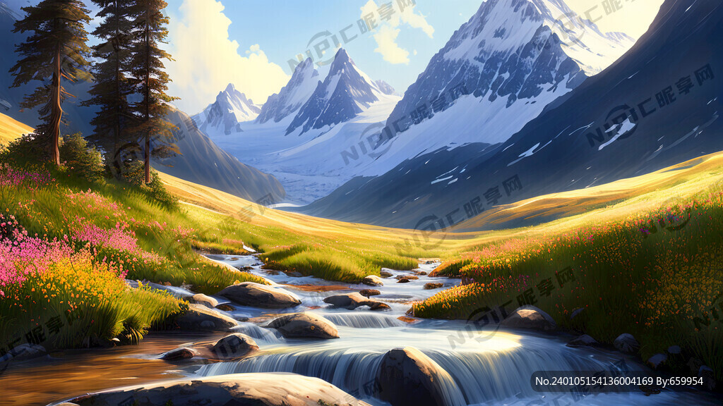 日照金山 雪山 溪水 春意盎然